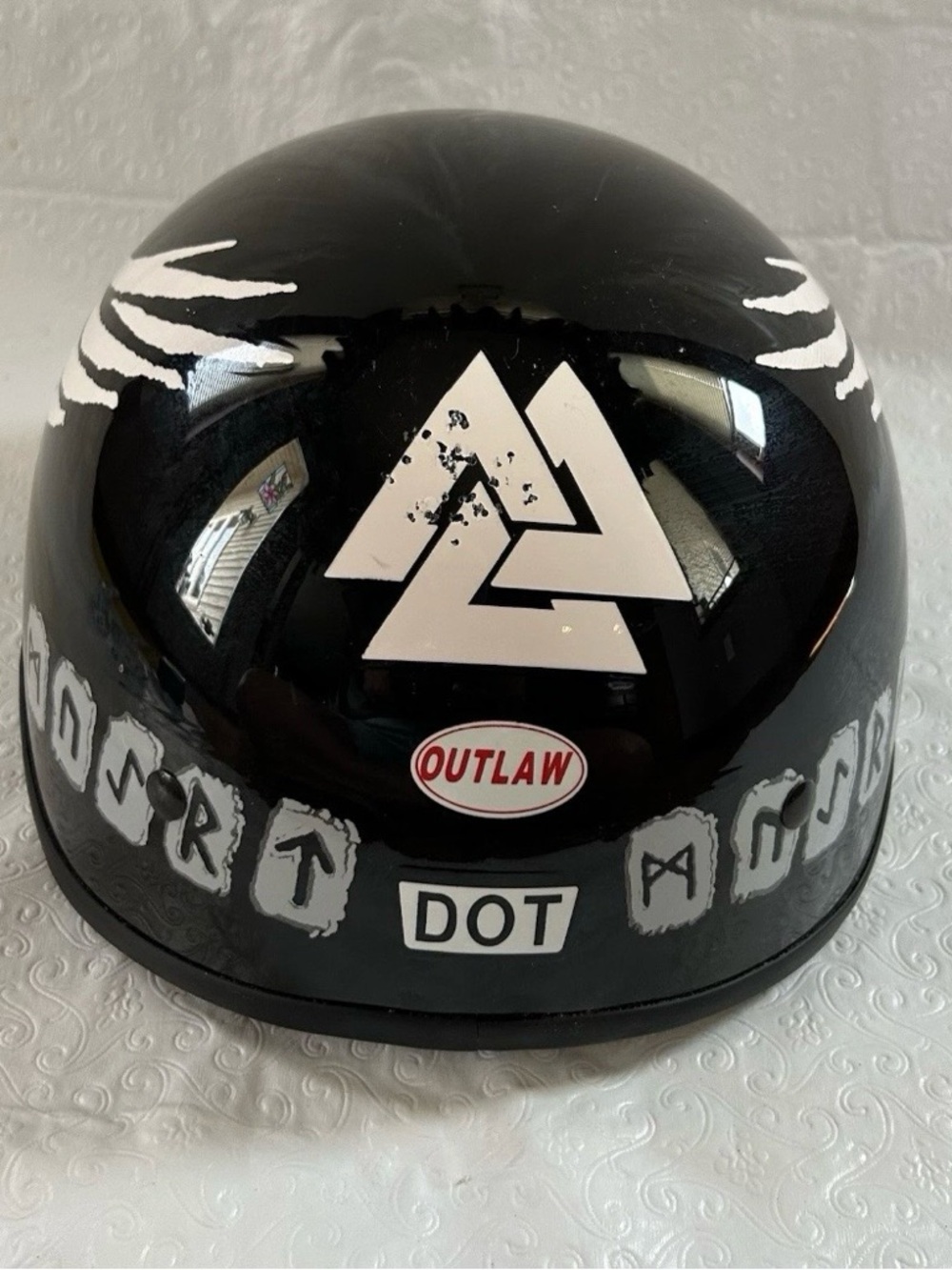 Black Motorcycle Half Helmet with White Grim Reaper Wing Graphic - Picture 4 of 9
